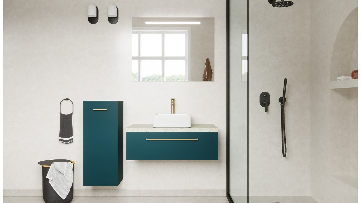 Meuble de salle de bain suspendu vasque à poser 90cm 1 tiroir Bleu + miroir + colonne ouverture gauche - Osmose