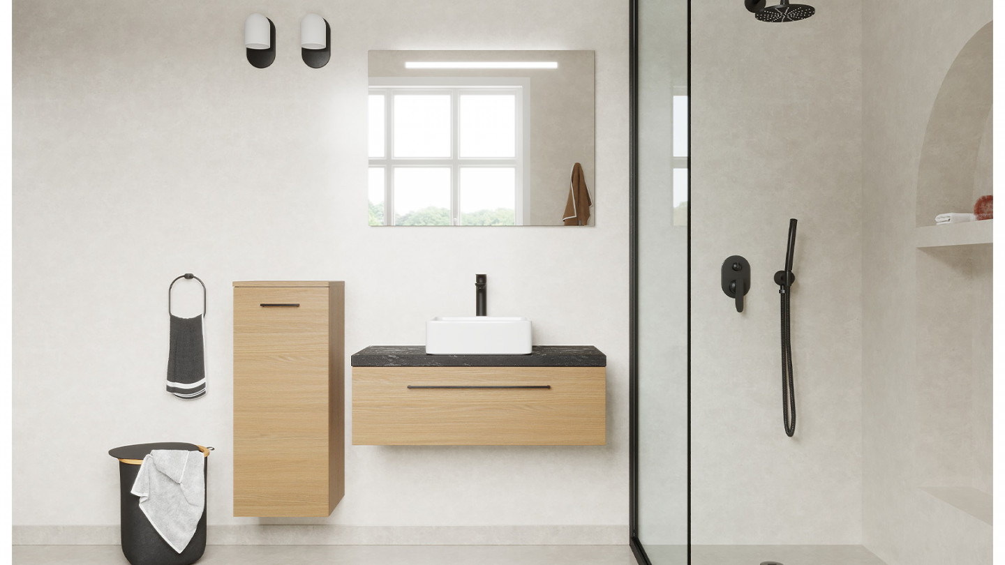Meuble de salle de bain suspendu vasque à poser 90cm 1 tiroir Chêne clair + miroir + colonne ouverture gauche - Osmose