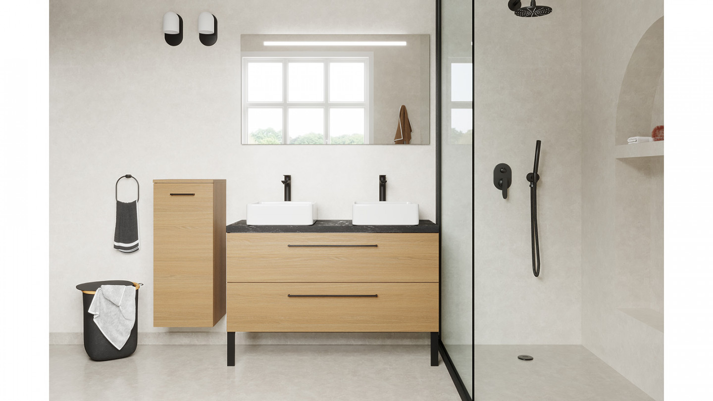 Meuble de salle de bain suspendu 2 vasques à poser 120cm 2 tiroirs Chêne clair - Osmose