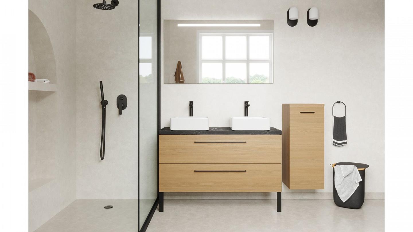 Meuble de salle de bain suspendu 2 vasques à poser 120cm 2 tiroirs Chêne clair + miroir + colonne ouverture droite - Osmose