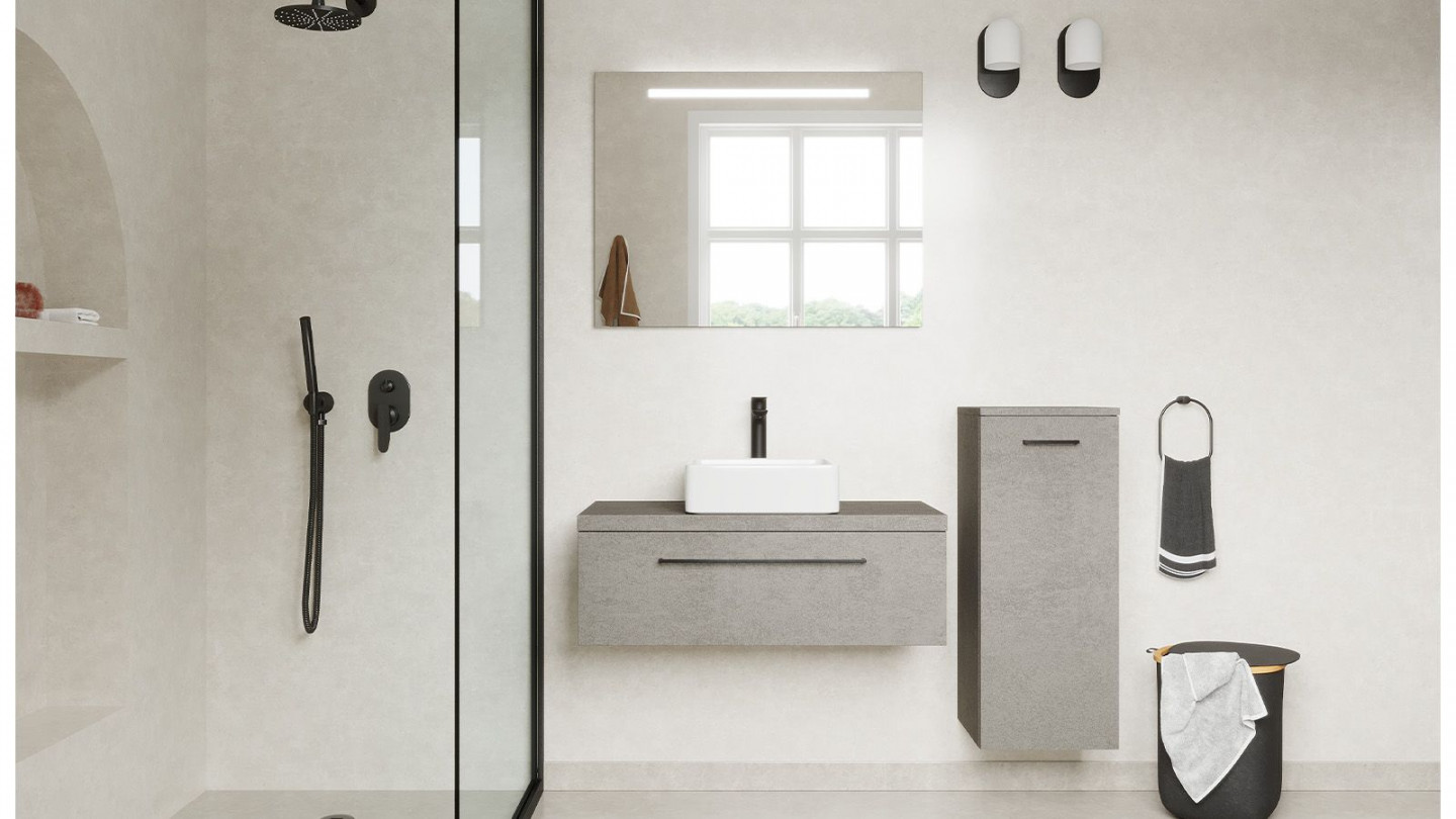 Meuble de salle de bain suspendu vasque à poser 90cm 1 tiroir façon Béton + miroir + colonne ouverture droite - Osmose