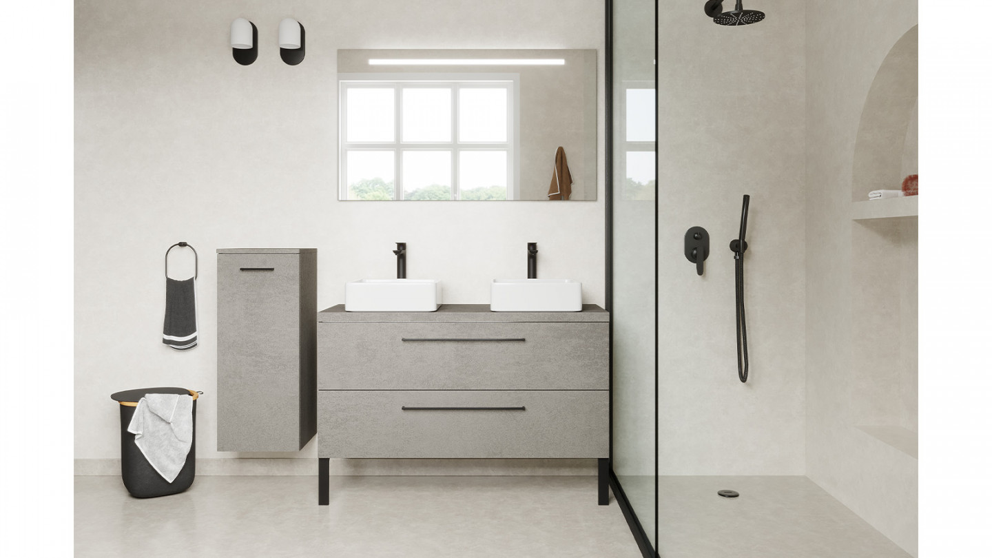 Meuble de salle de bain suspendu 2 vasques à poser 120cm 2 tiroirs façon Béton - Osmose