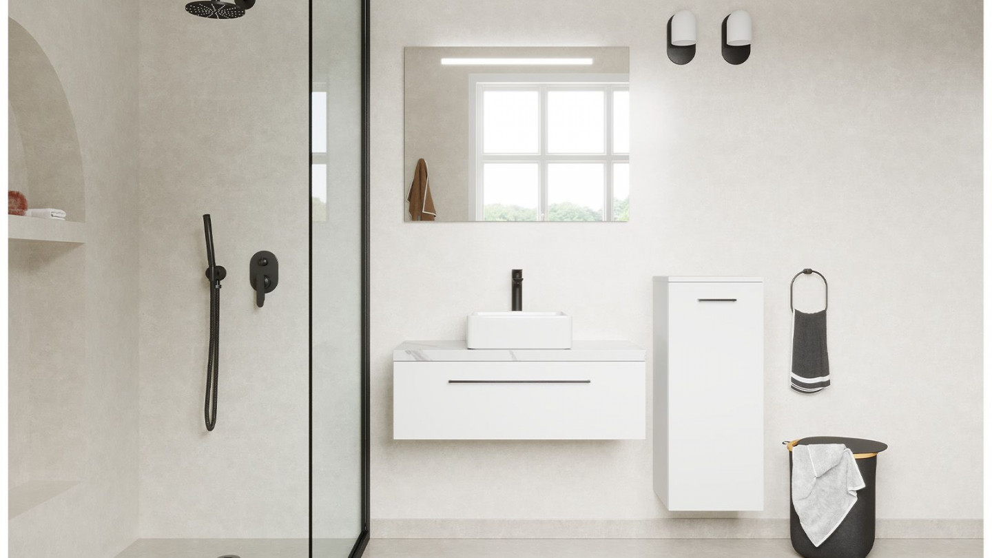 Meuble de salle de bain suspendu vasque à poser 90cm 1 tiroir Blanc + miroir + colonne ouverture droite - Osmose