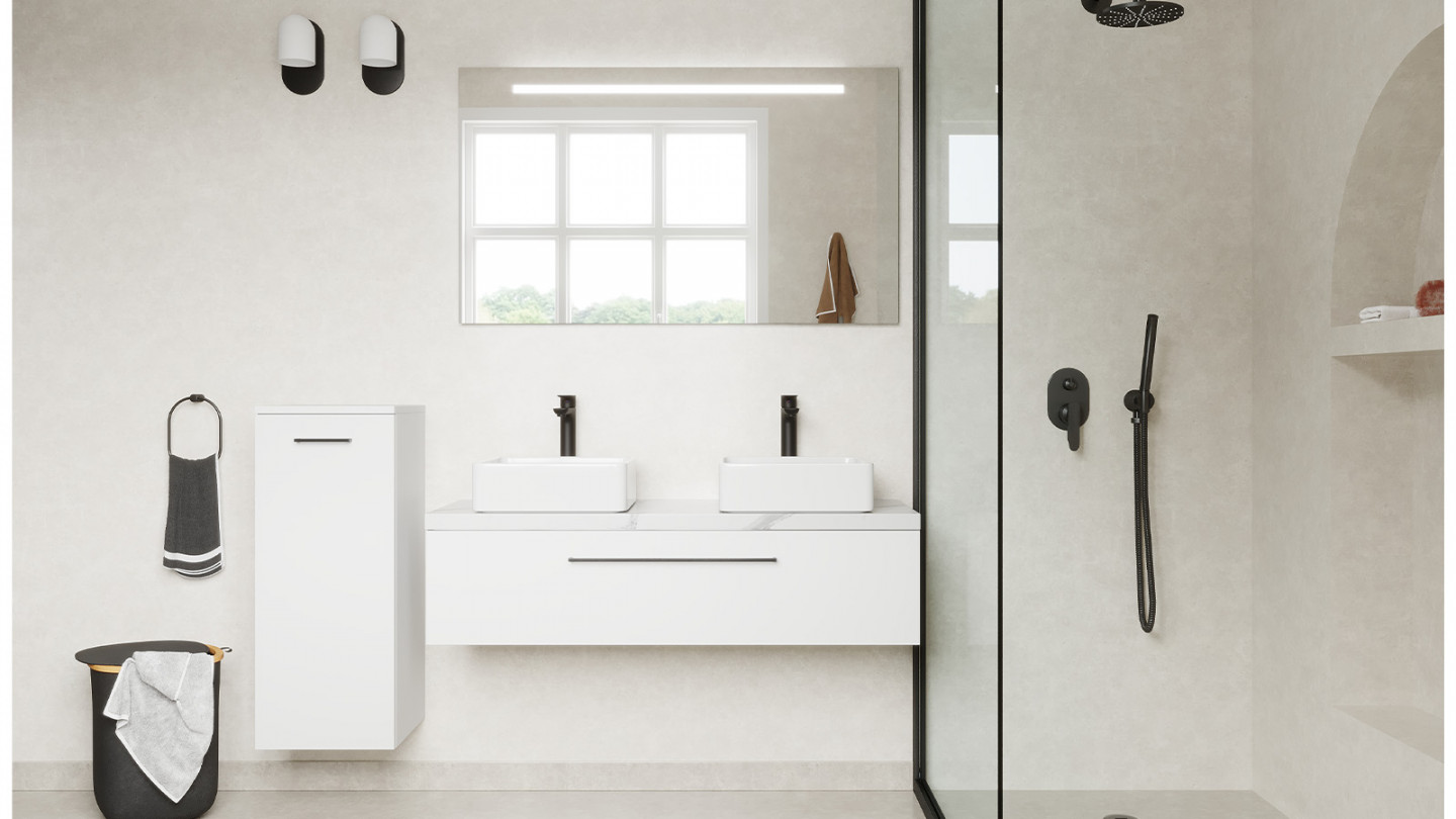 Meuble de salle de bain suspendu 2 vasques à poser 120cm 1 tiroir Blanc + miroir + colonne ouverture gauche - Osmose