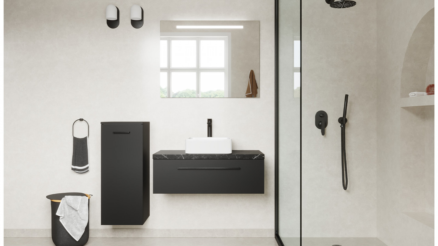 Meuble de salle de bain suspendu vasque à poser 90cm 1 tiroir Noir + miroir + colonne ouverture gauche - Osmose