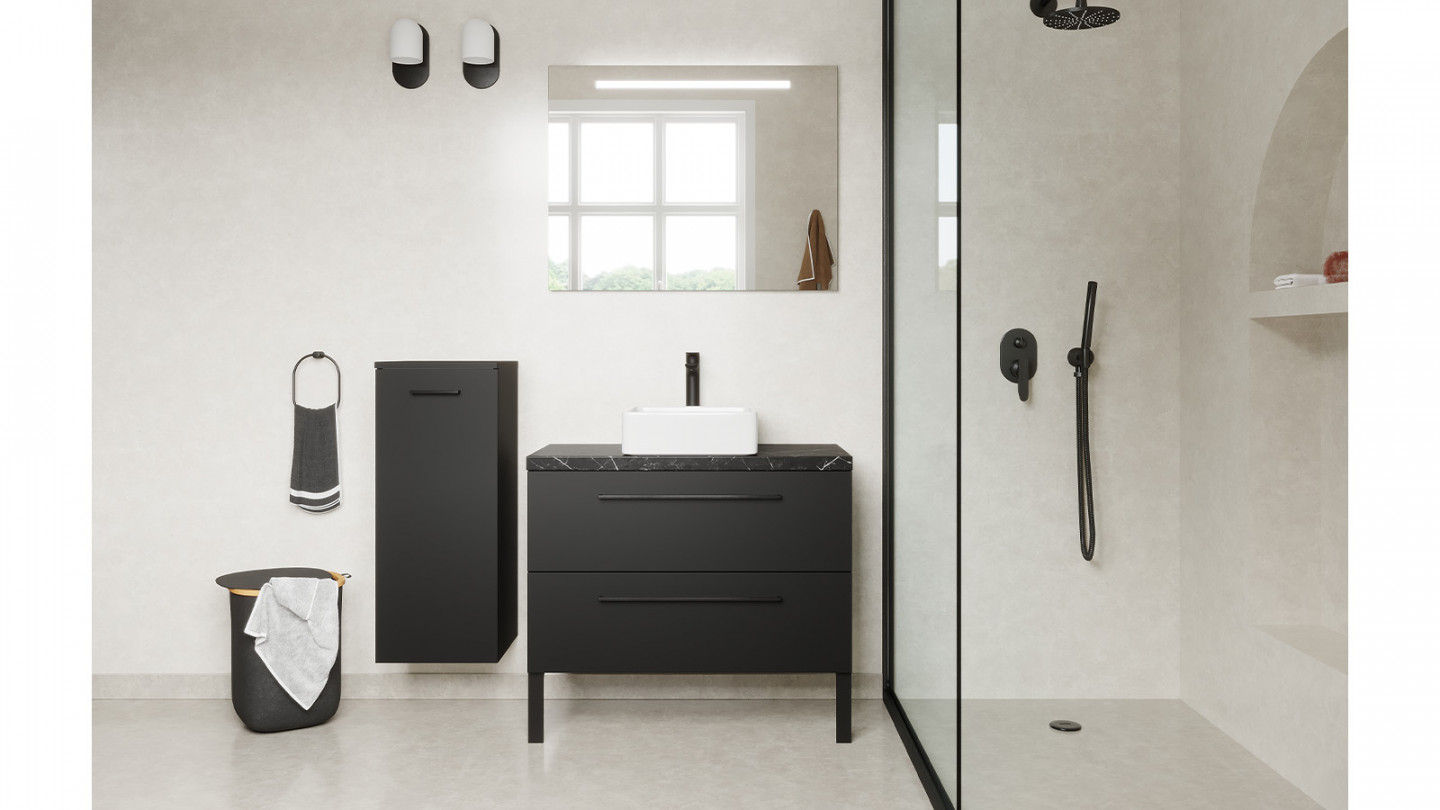 Meuble de salle de bain suspendu vasque à poser 90cm 2 tiroirs Noir + miroir - Osmose