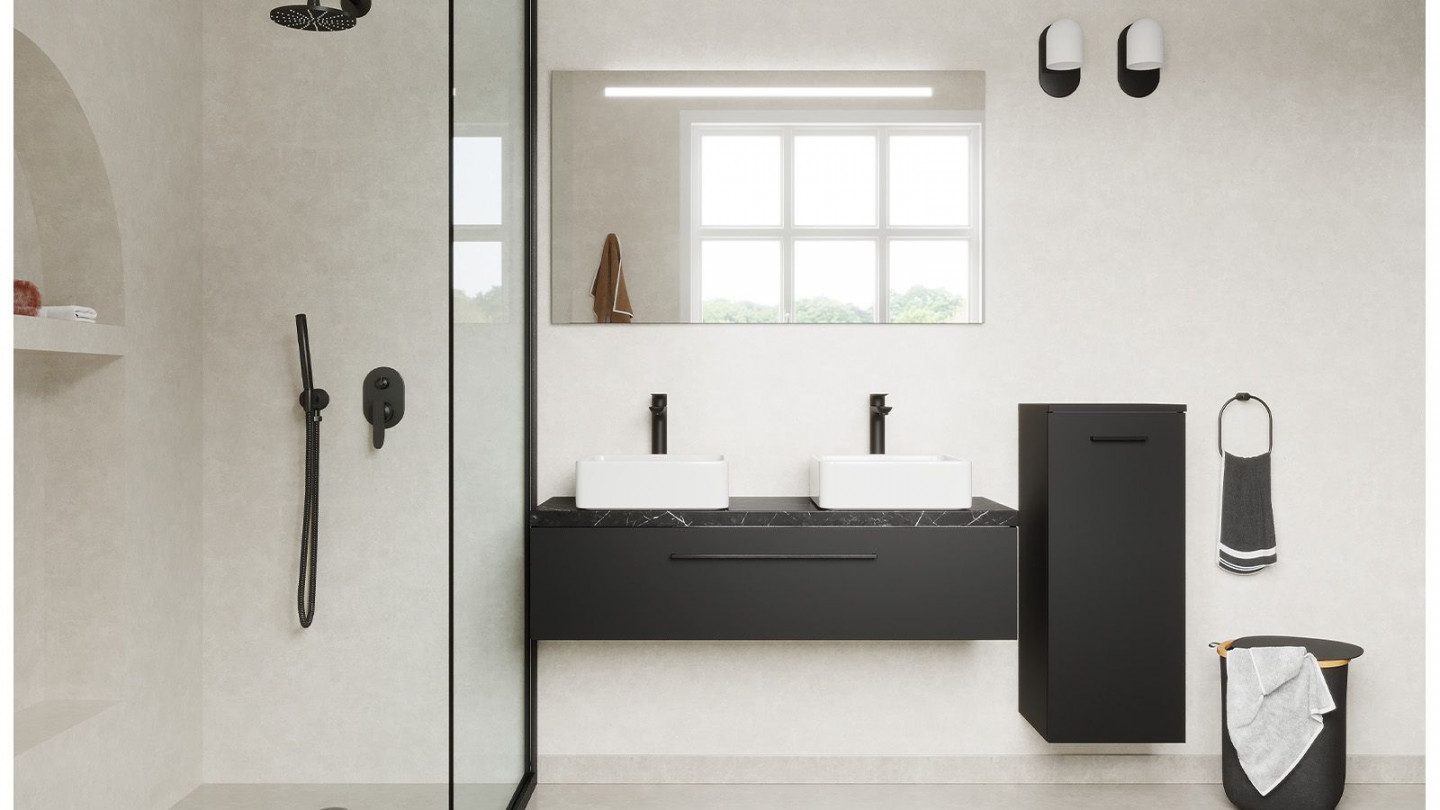 Meuble de salle de bain suspendu 2 vasques à poser 120cm 1 tiroir Noir + miroir + colonne ouverture droite - Osmose