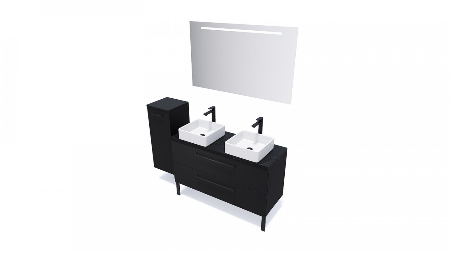 Meuble de salle de bain suspendu 2 vasques à poser 120cm 2 tiroirs Noir + miroir - Osmose