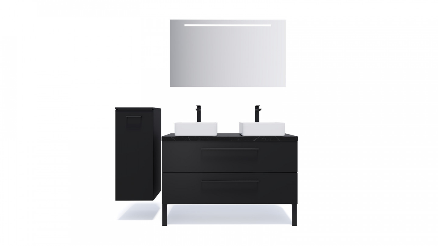 Meuble de salle de bain suspendu 2 vasques à poser 120cm 2 tiroirs Noir + miroir - Osmose