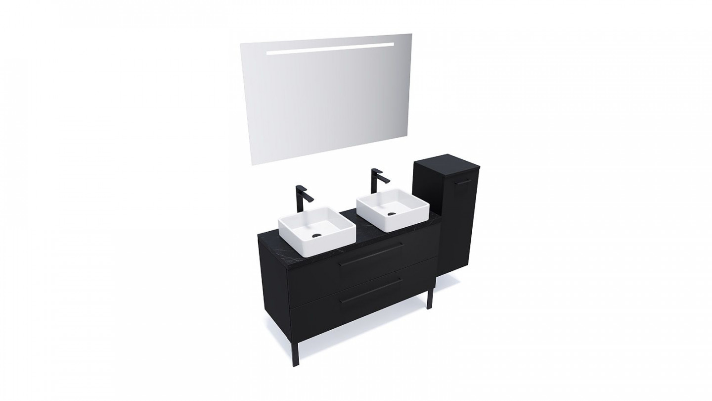 Meuble de salle de bain suspendu 2 vasques à poser 120cm 2 tiroirs Noir + miroir + colonne ouverture droite - Osmose