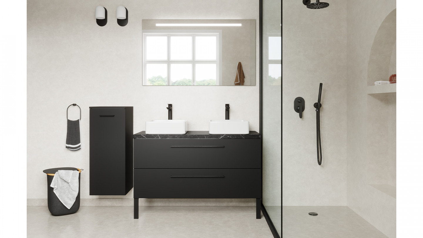 Meuble de salle de bain suspendu 2 vasques à poser 120cm 2 tiroirs Noir + miroir + colonne ouverture gauche - Osmose