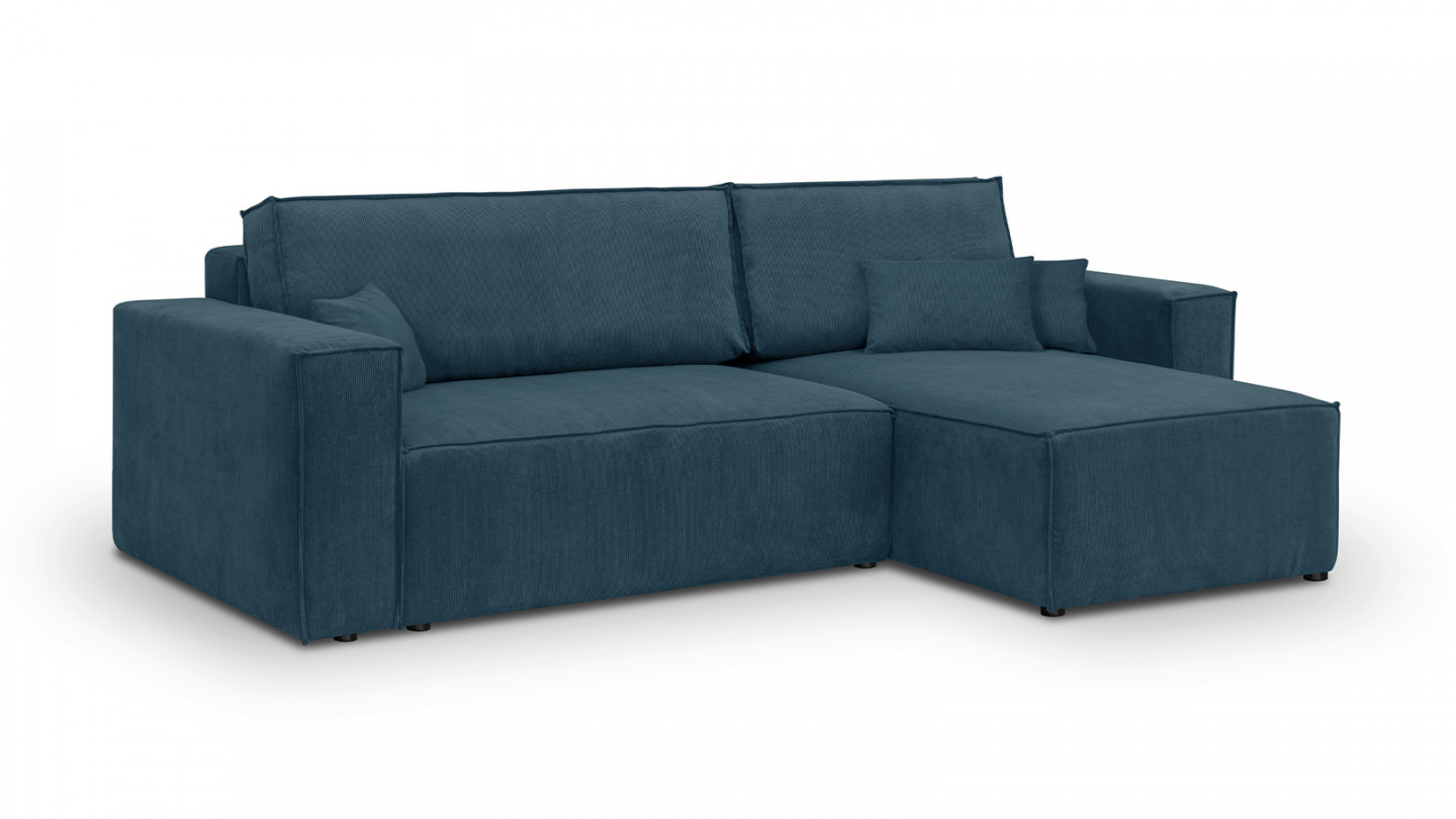 Canapé d'angle convertible réversible 4 places avec coffre de rangement en velours fines côtes bleu nuit - Livia New