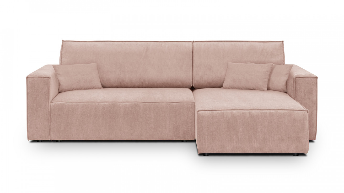 Canapé d'angle convertible réversible 4 places avec coffre de rangement en velours fines côtes rose pâle - Livia New