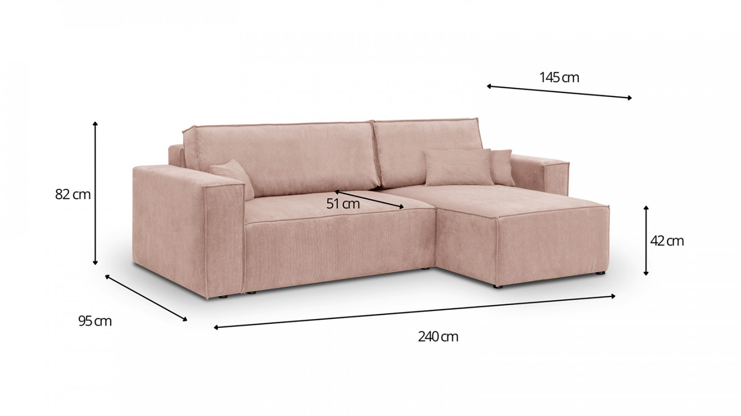 Canapé d'angle convertible réversible 4 places avec coffre de rangement en velours fines côtes rose pâle - Livia New