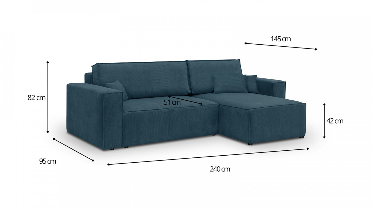 Canapé d'angle convertible réversible 4 places avec coffre de rangement en velours fines côtes bleu nuit - Livia New