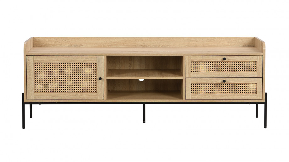 Meuble TV 1 porte 2 tiroirs en cannage naturel et effet chêne 160 cm - Iris