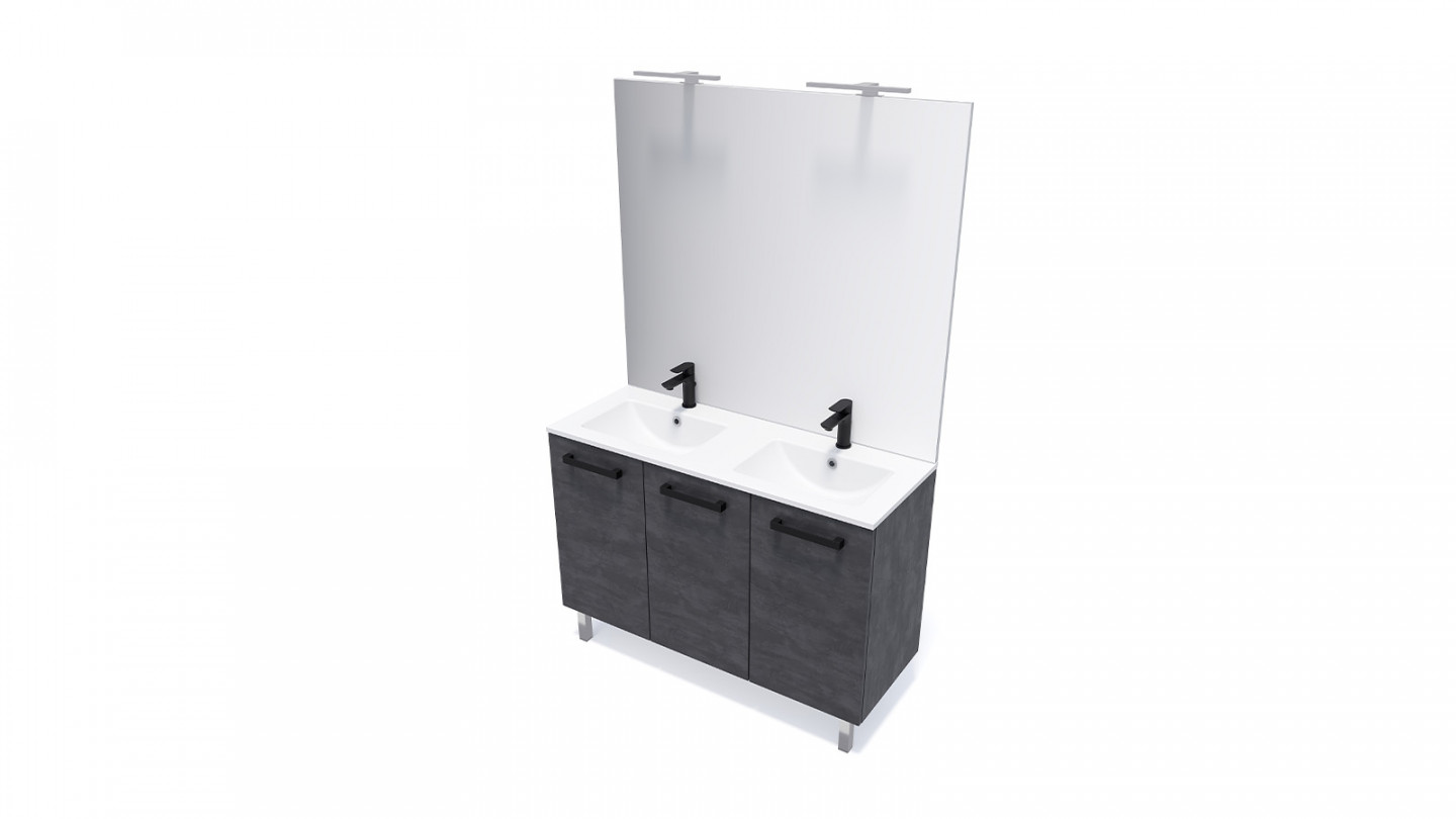 Meuble de salle de bain suspendu avec pieds double vasque intégrée 120cm 3 portes Ardoise métallisée + miroir - Chango