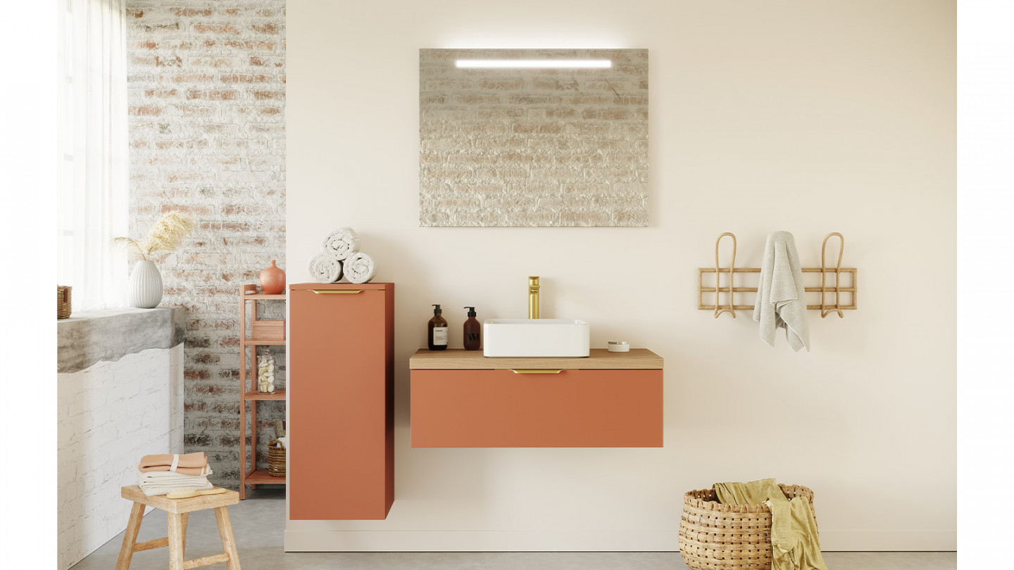 Meuble de salle de bain suspendu vasque à poser 90cm 1 tiroir Terracotta + miroir - Swing