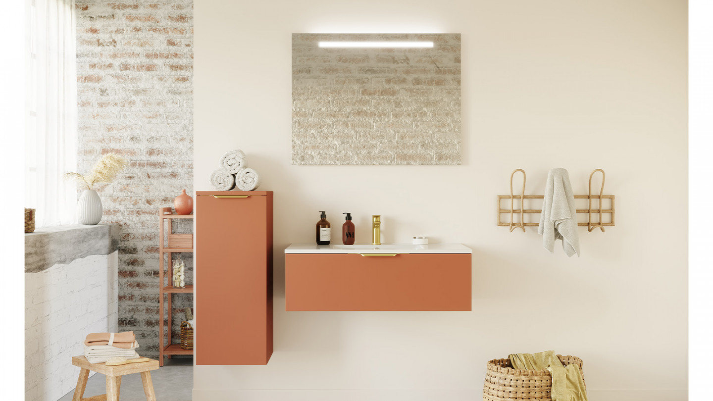 Meuble de salle de bain suspendu vasque intégrée 90cm 1 tiroir Terracotta + miroir - Swing