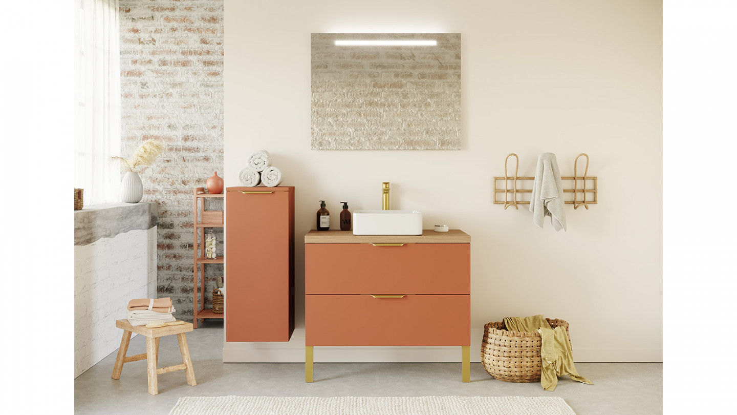 Meuble de salle de bain suspendu vasque à poser 90cm 2 tiroirs Terracotta + miroir - Swing