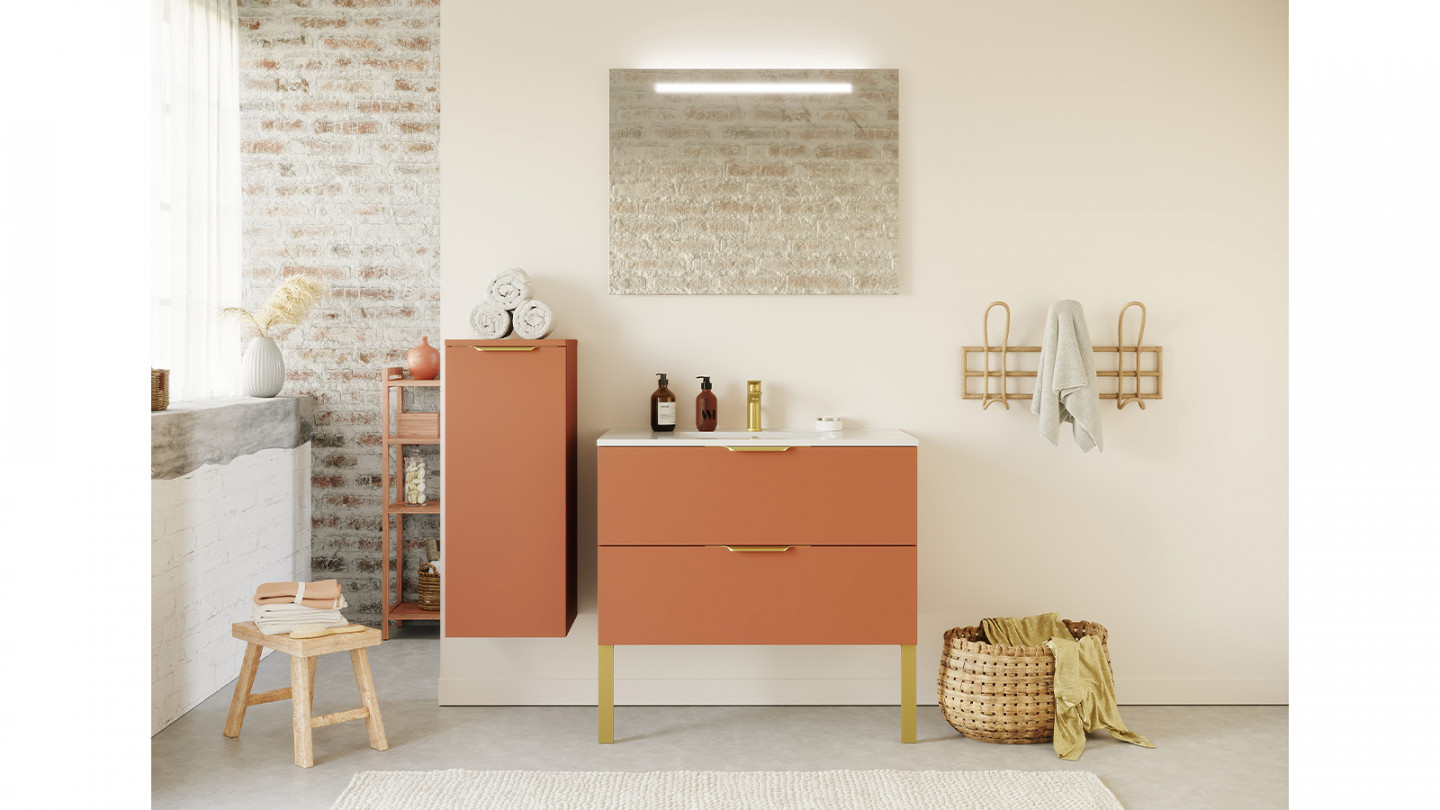 Meuble de salle de bain suspendu vasque intégrée 90cm 2 tiroirs Terracotta + miroir - Swing