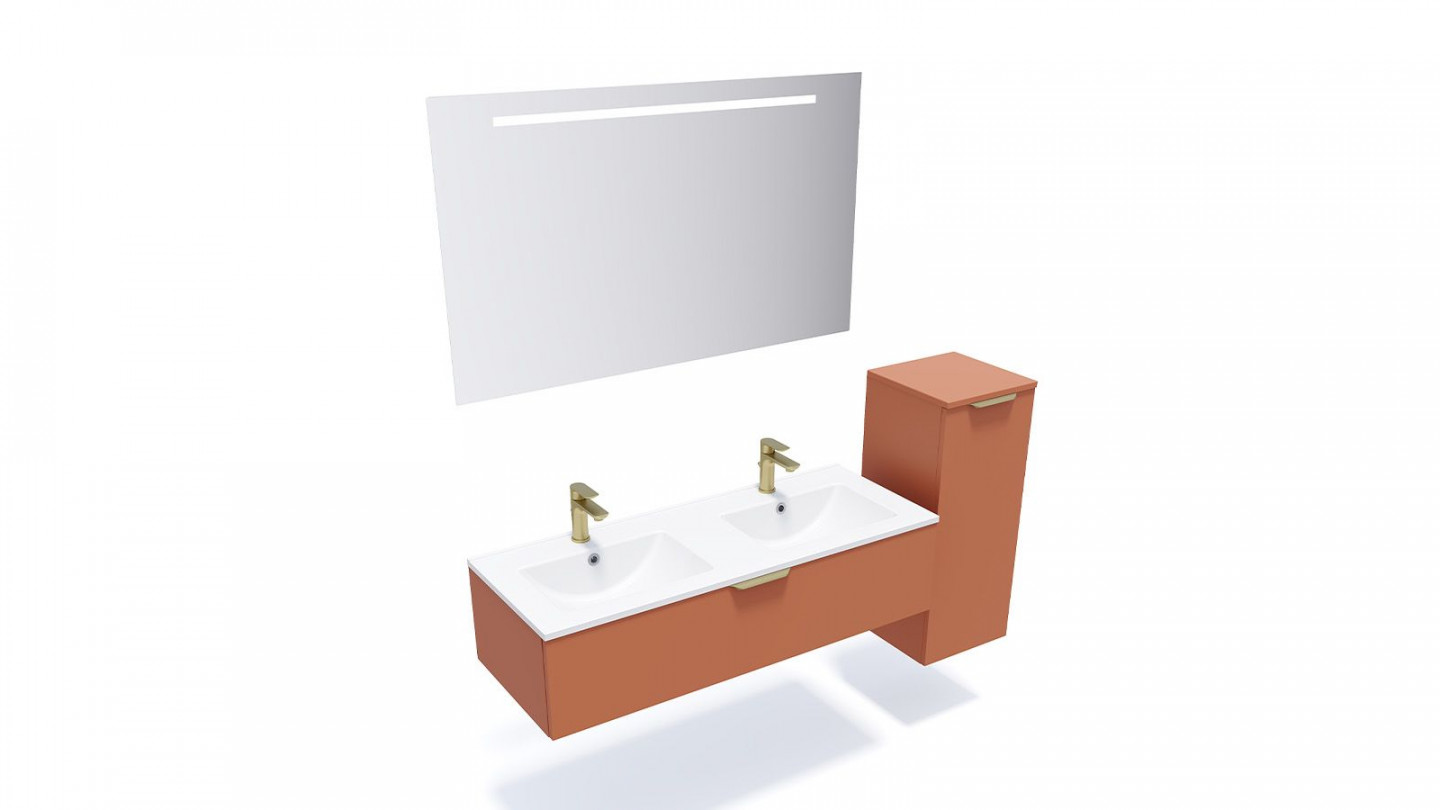 Meuble de salle de bain suspendu double vasque intégrée 120cm 1 tiroir Terracotta + miroir + colonne ouverture droite - Swing