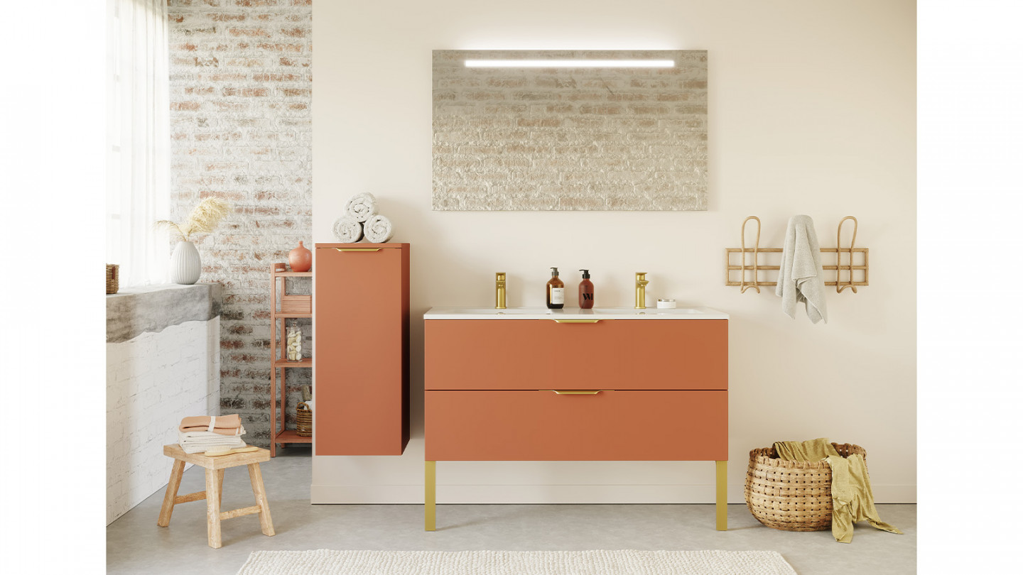 Meuble de salle de bain suspendu double vasque intégrée 120cm 2 tiroirs Terracotta + miroir - Swing