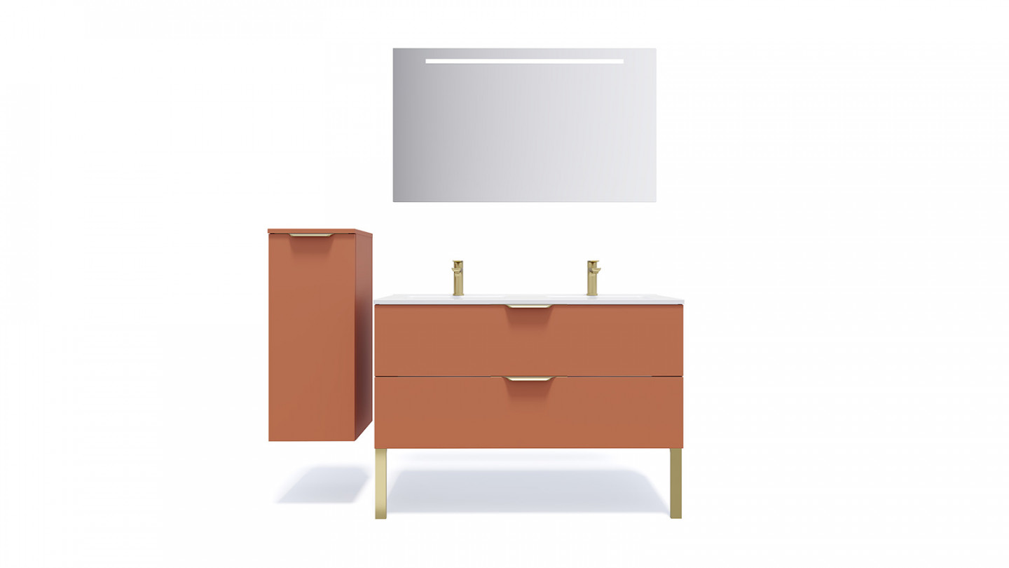 Meuble de salle de bain suspendu double vasque intégrée 120cm 2 tiroirs Terracotta + miroir - Swing