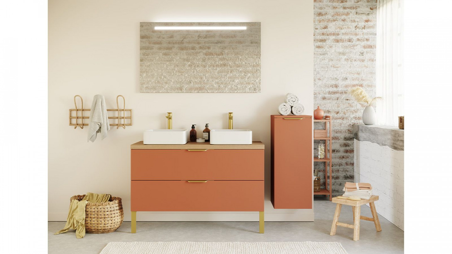 Meuble de salle de bain suspendu 2 vasques à poser 120cm 2 tiroirs Terracotta + miroir + colonne ouverture droite - Swing