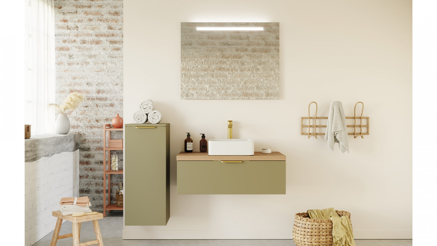 Meuble de salle de bain suspendu vasque à poser 90cm 1 tiroir Vert olive + miroir - Swing