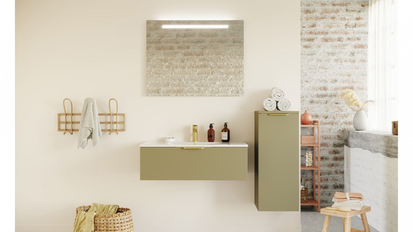 Meuble de salle de bain suspendu vasque intégrée 90cm 1 tiroir Vert olive + miroir + colonne ouverture droite - Swing