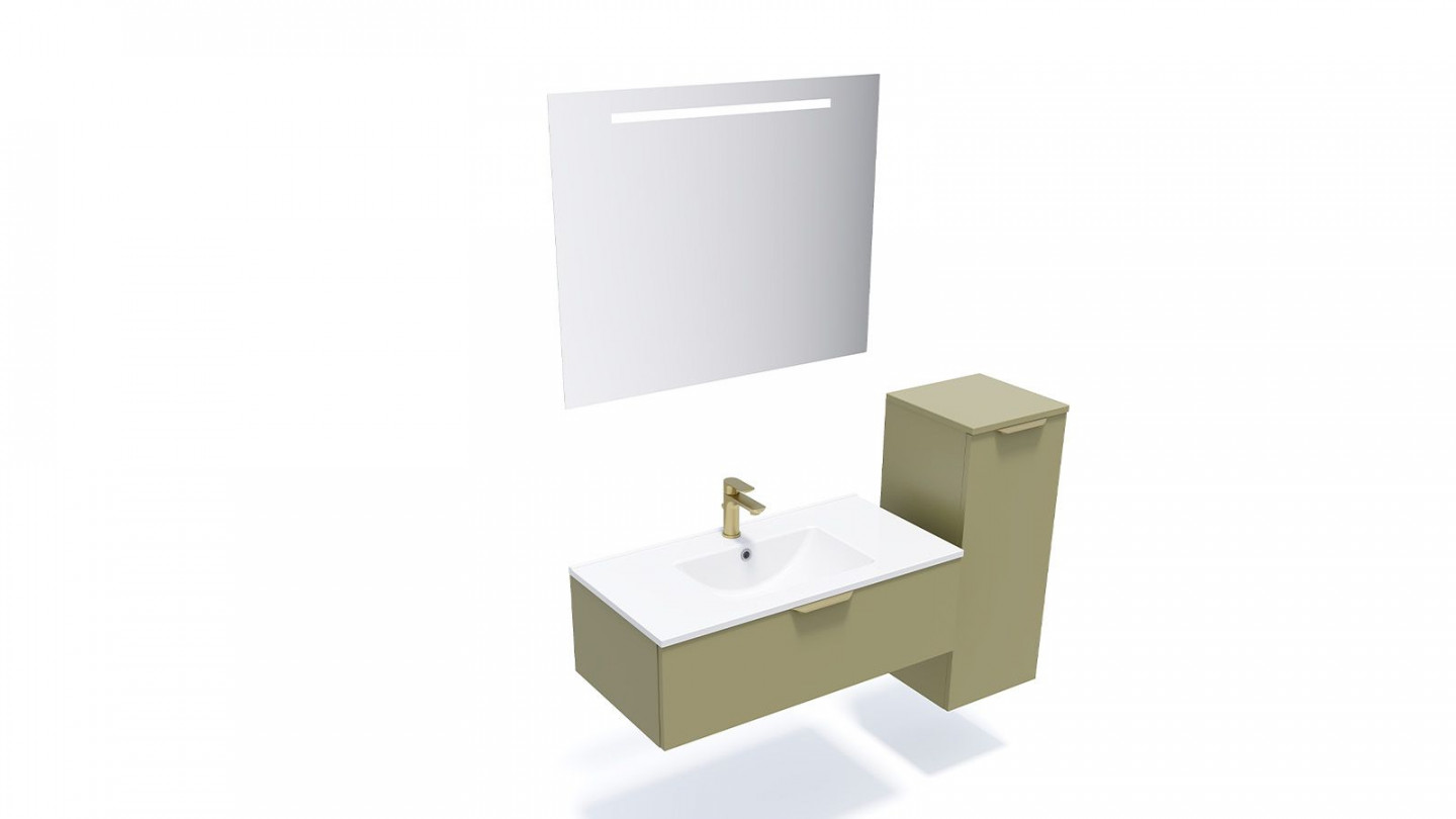 Meuble de salle de bain suspendu vasque intégrée 90cm 1 tiroir Vert olive + miroir + colonne ouverture droite - Swing