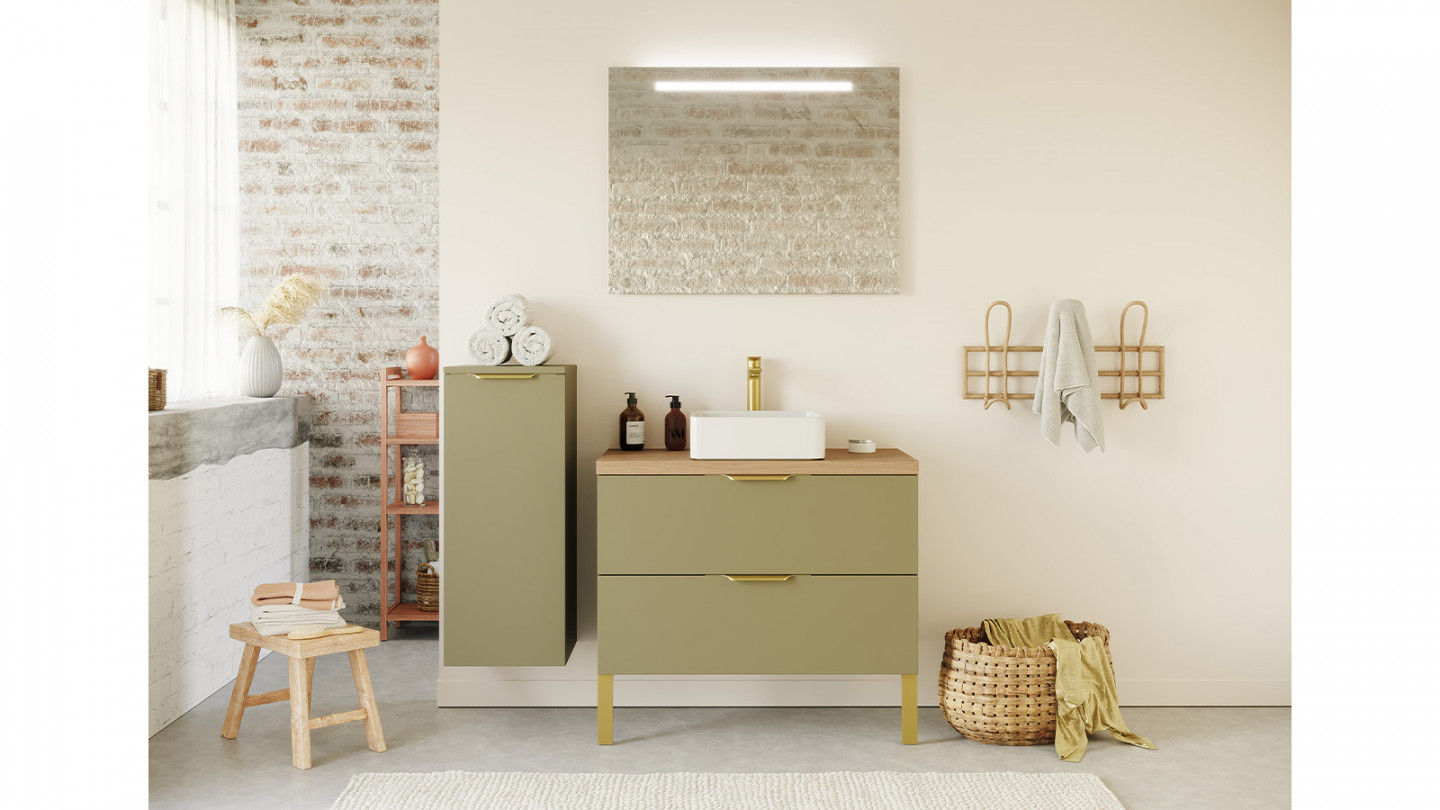 Meuble de salle de bain suspendu vasque à poser 90cm 2 tiroirs Vert olive - Swing