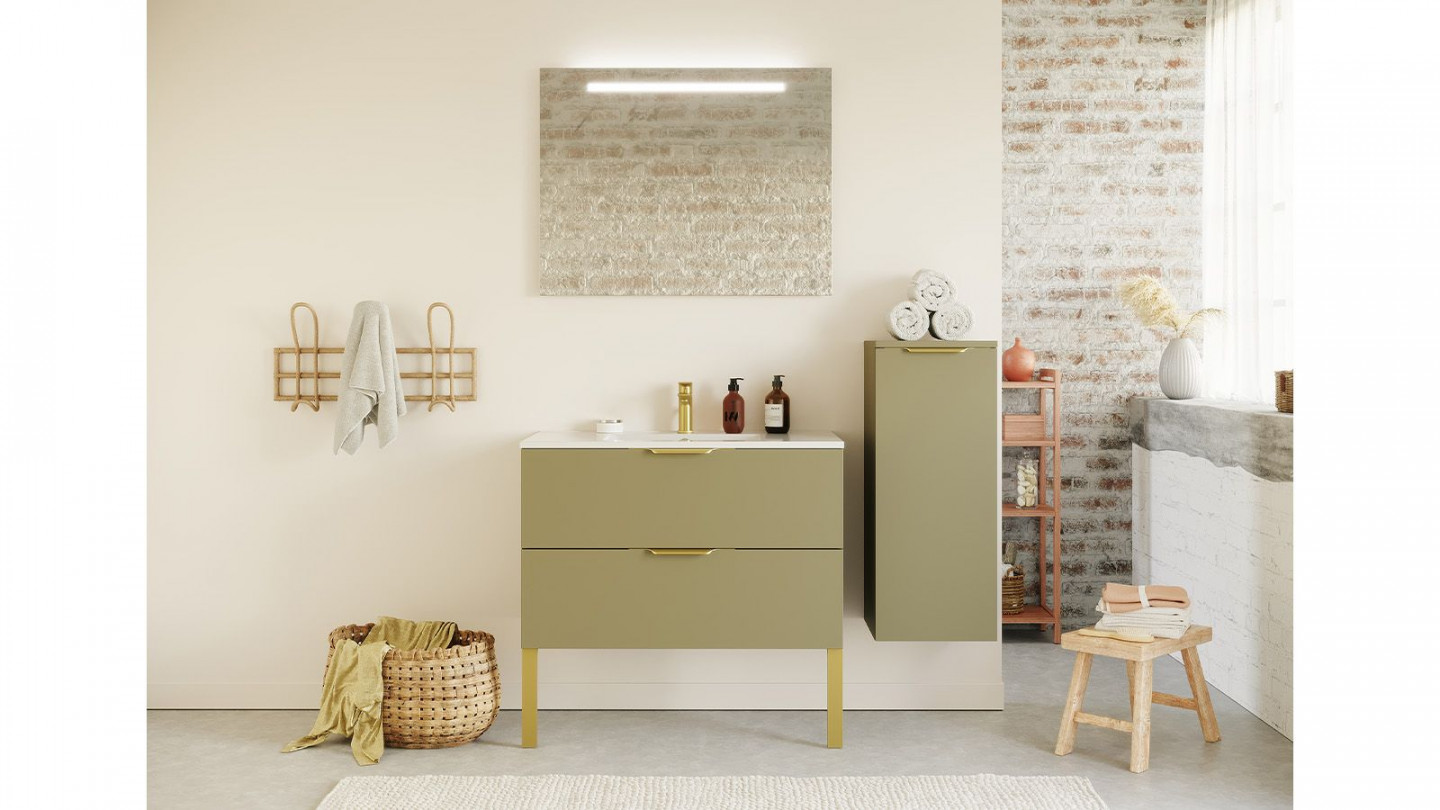 Meuble de salle de bain suspendu vasque intégrée 90cm 2 tiroirs Vert olive + miroir + colonne ouverture droite - Swing