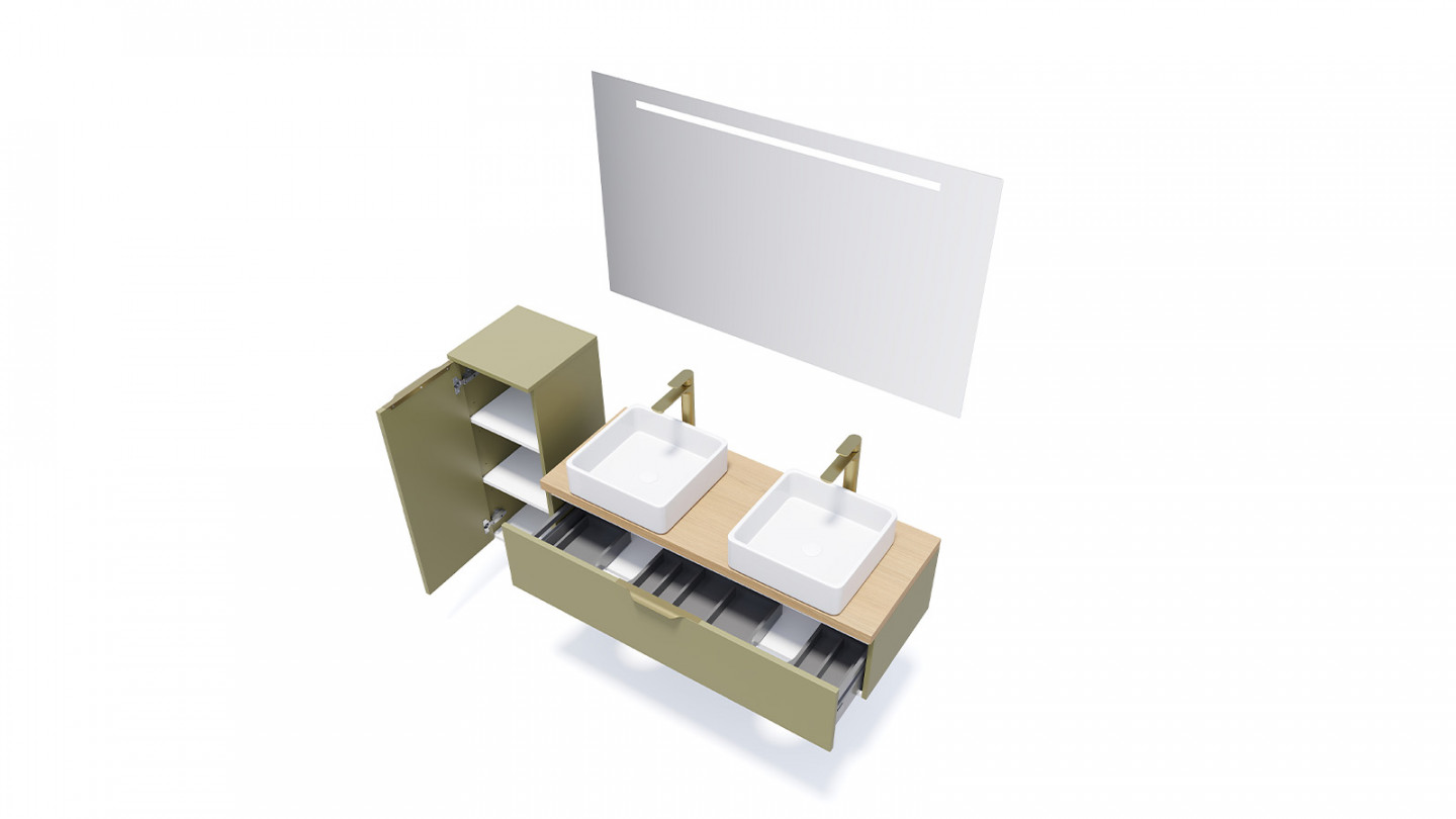 Meuble de salle de bain suspendu 2 vasques à poser 120cm 1 tiroir Vert olive + miroir + colonne ouverture gauche - Swing