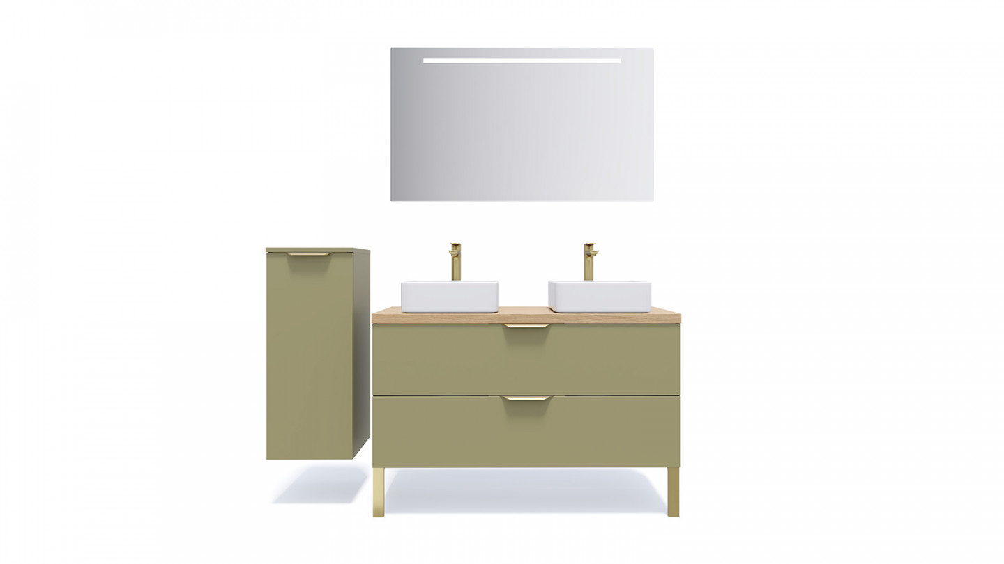 Meuble de salle de bain suspendu 2 vasques à poser 120cm 2 tiroirs Vert olive + miroir - Swing