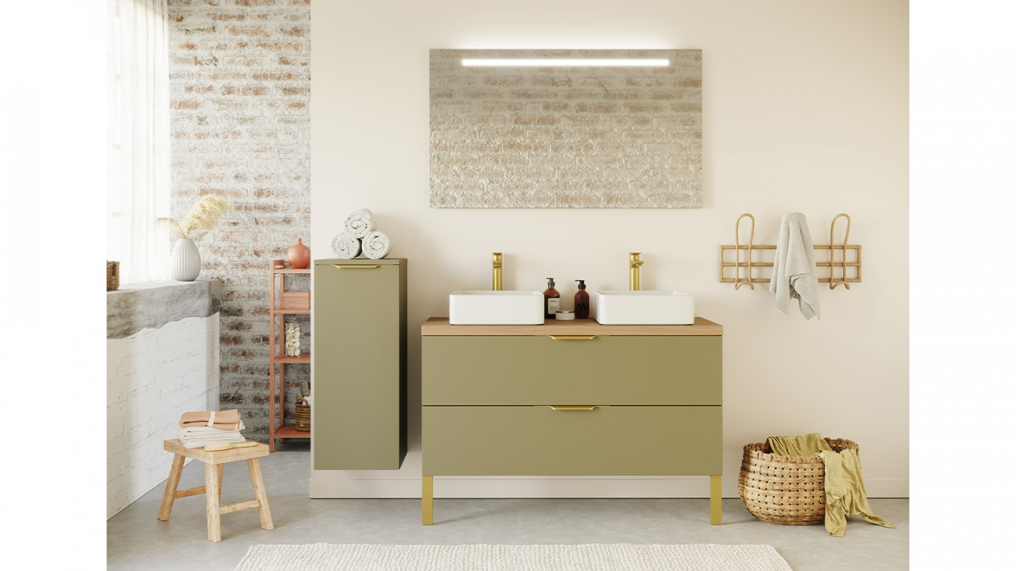 Meuble de salle de bain suspendu 2 vasques à poser 120cm 2 tiroirs Vert olive + miroir + colonne ouverture gauche - Swing