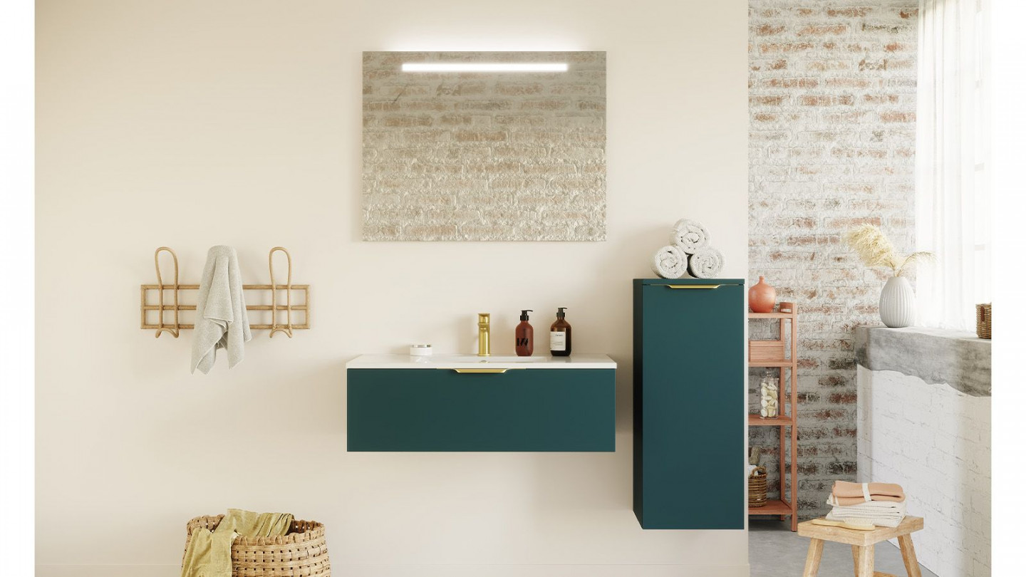 Meuble de salle de bain suspendu vasque intégrée 90cm 1 tiroir Bleu + miroir + colonne ouverture droite - Swing
