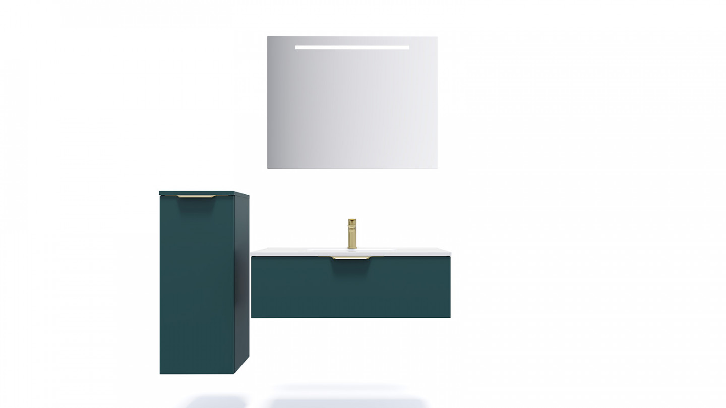 Meuble de salle de bain suspendu vasque intégrée 90cm 1 tiroir Bleu + miroir + colonne ouverture gauche - Swing
