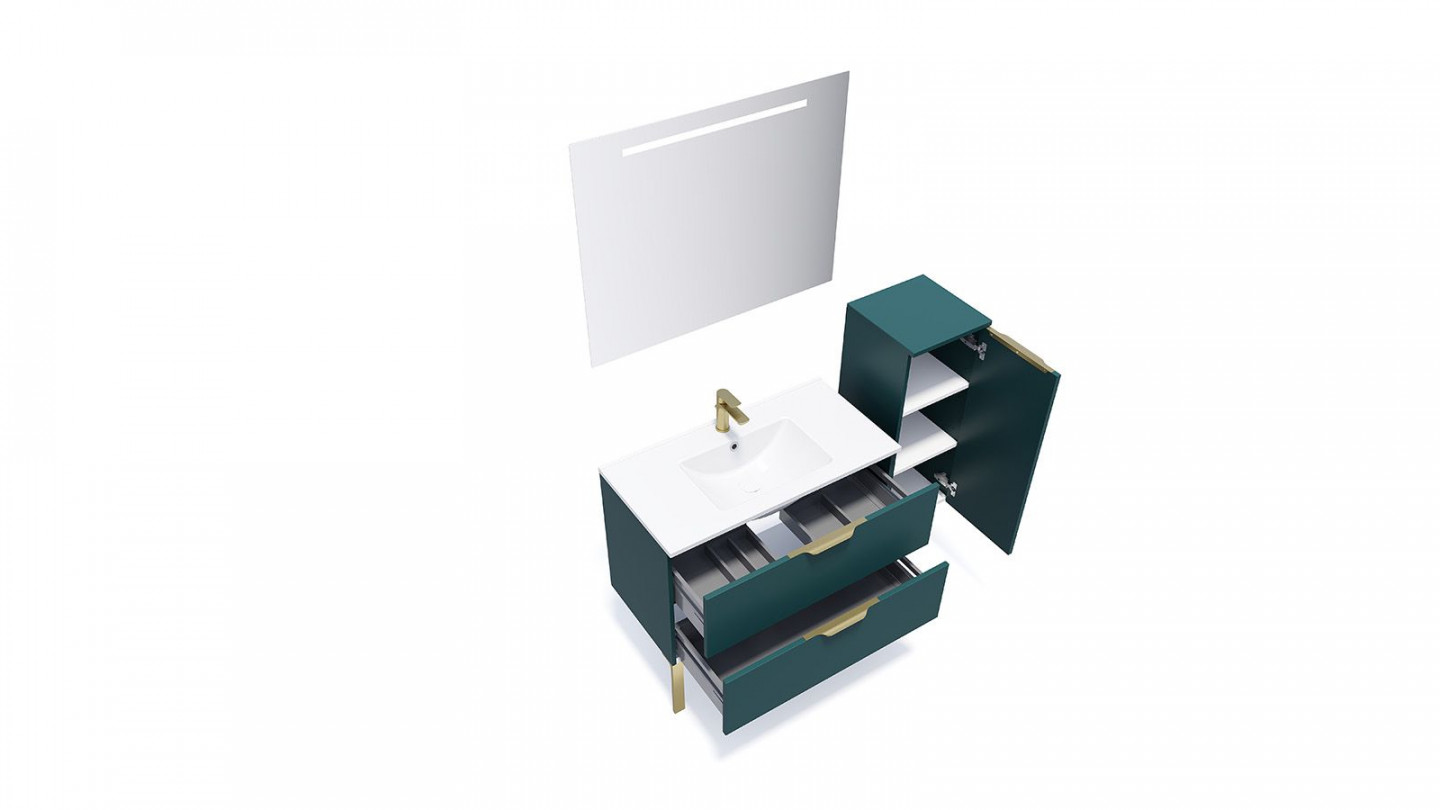 Meuble de salle de bain suspendu vasque intégrée 90cm 2 tiroirs Bleu + miroir + colonne ouverture droite - Swing