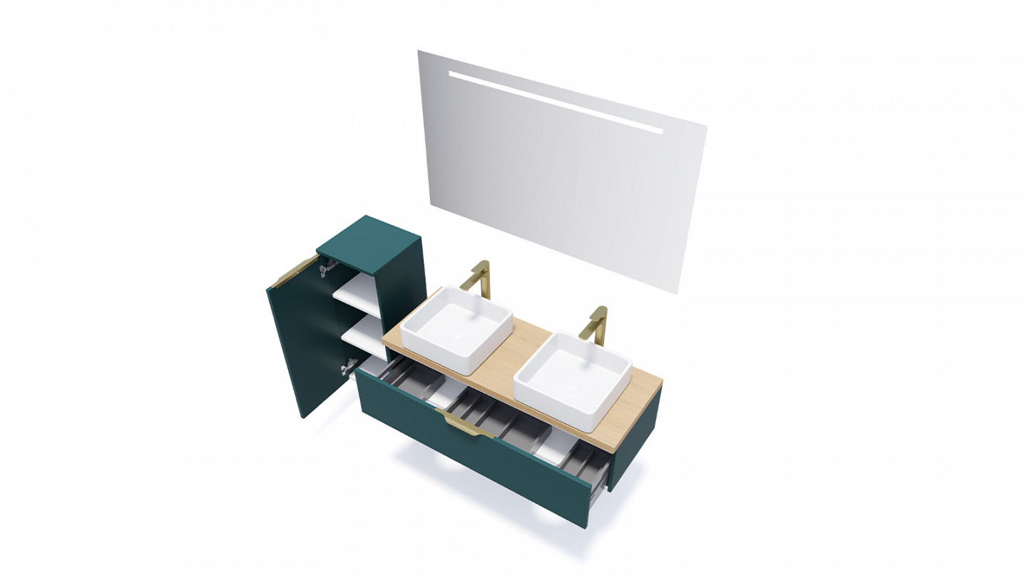 Meuble de salle de bain suspendu 2 vasques à poser 120cm 1 tiroir Bleu + miroir + colonne ouverture gauche - Swing