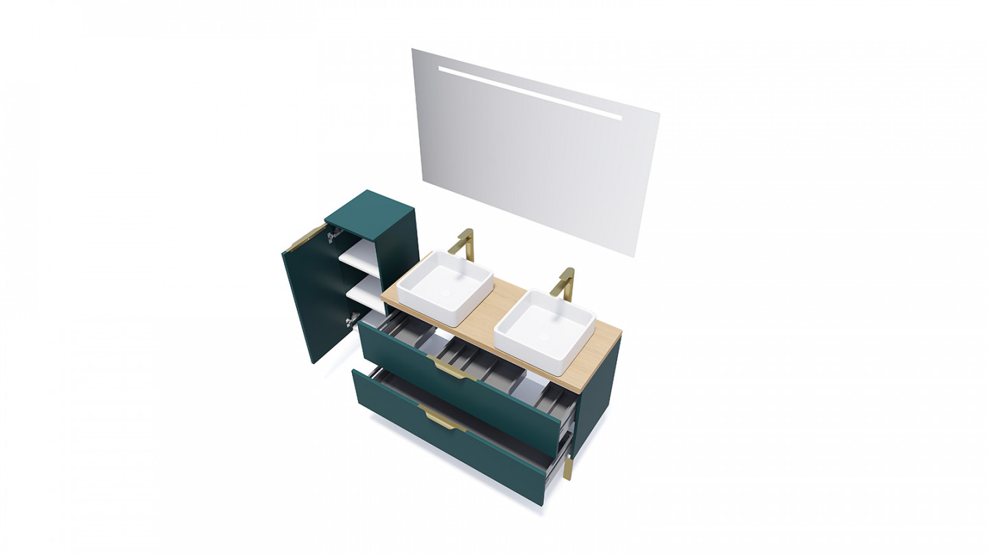 Meuble de salle de bain suspendu 2 vasques à poser 120cm 2 tiroirs Bleu + miroir - Swing