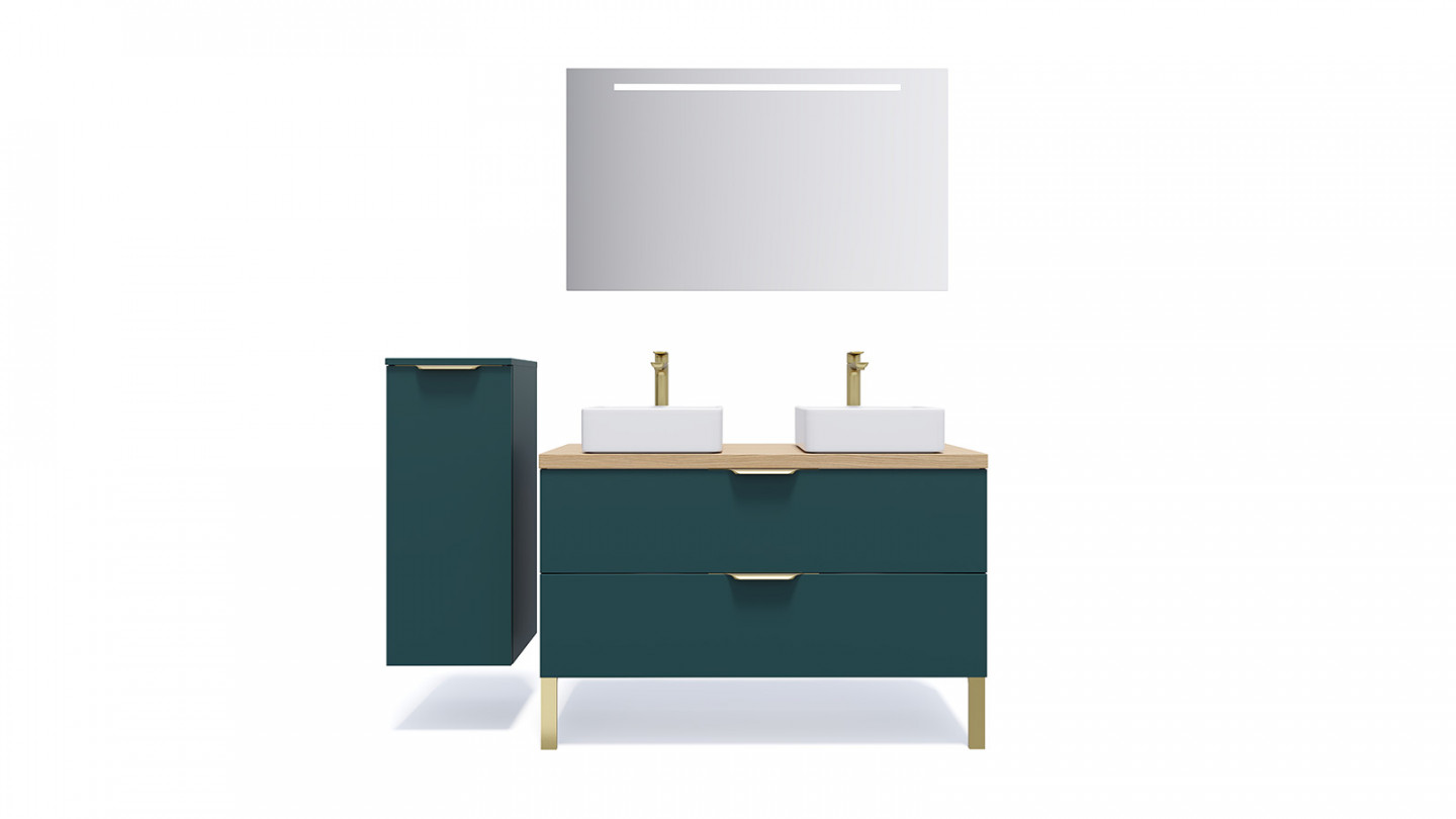 Meuble de salle de bain suspendu 2 vasques à poser 120cm 2 tiroirs Bleu + miroir - Swing