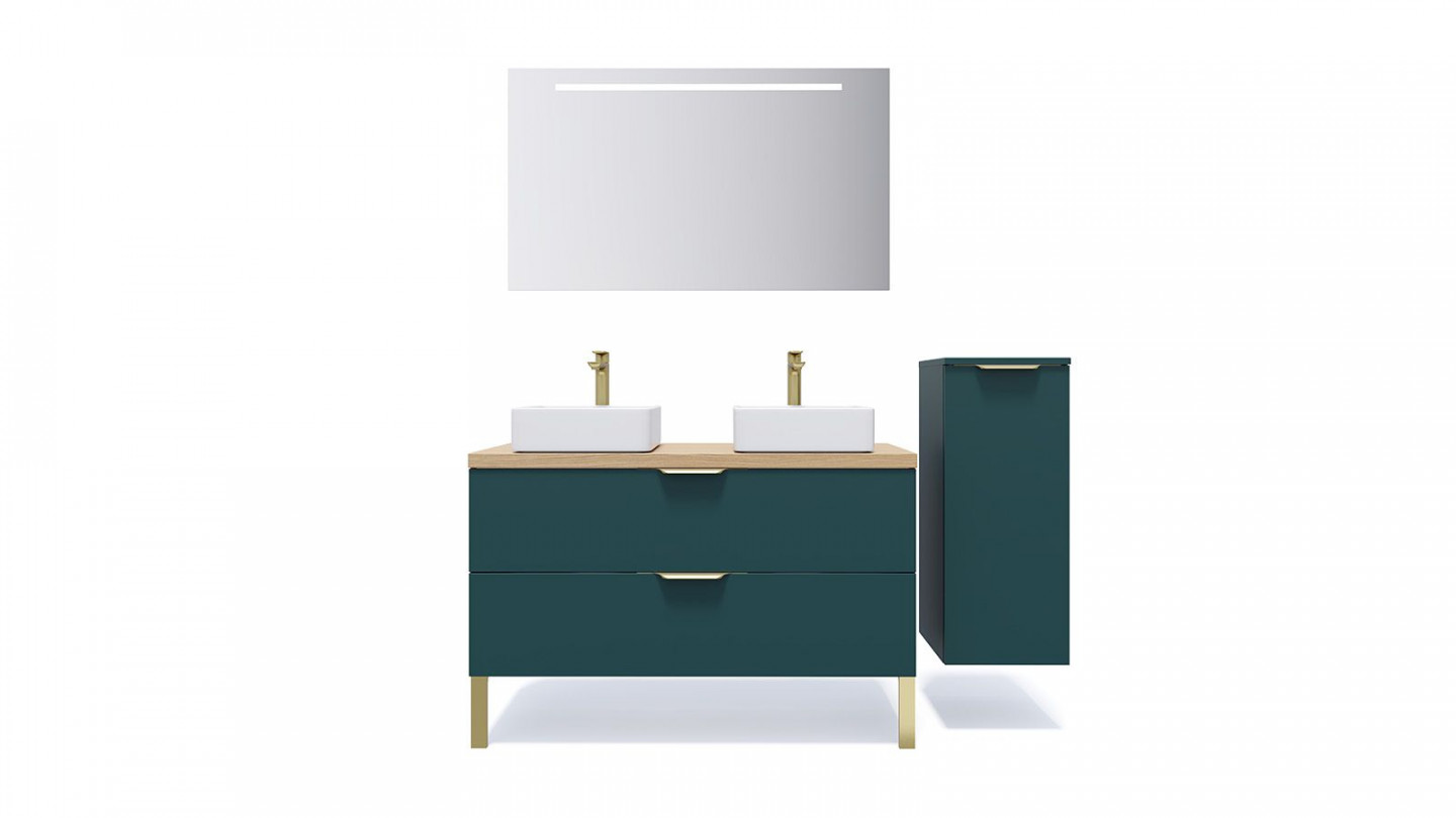 Meuble de salle de bain suspendu 2 vasques à poser 120cm 2 tiroirs Bleu + miroir + colonne ouverture droite - Swing