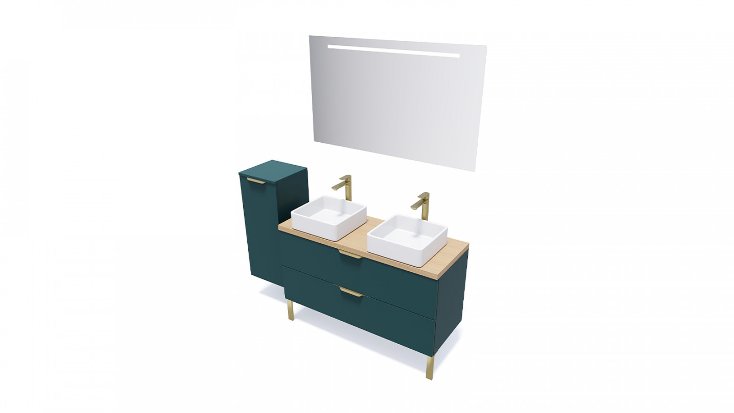 Meuble de salle de bain suspendu 2 vasques à poser 120cm 2 tiroirs Bleu + miroir + colonne ouverture gauche - Swing