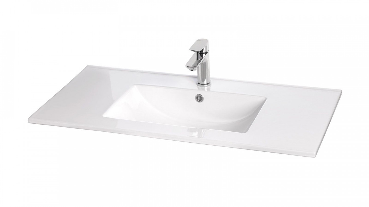 Meuble de salle de bain suspendu vasque intégrée 90cm 2 tiroirs Abricot + miroir + colonne ouverture droite - Swing