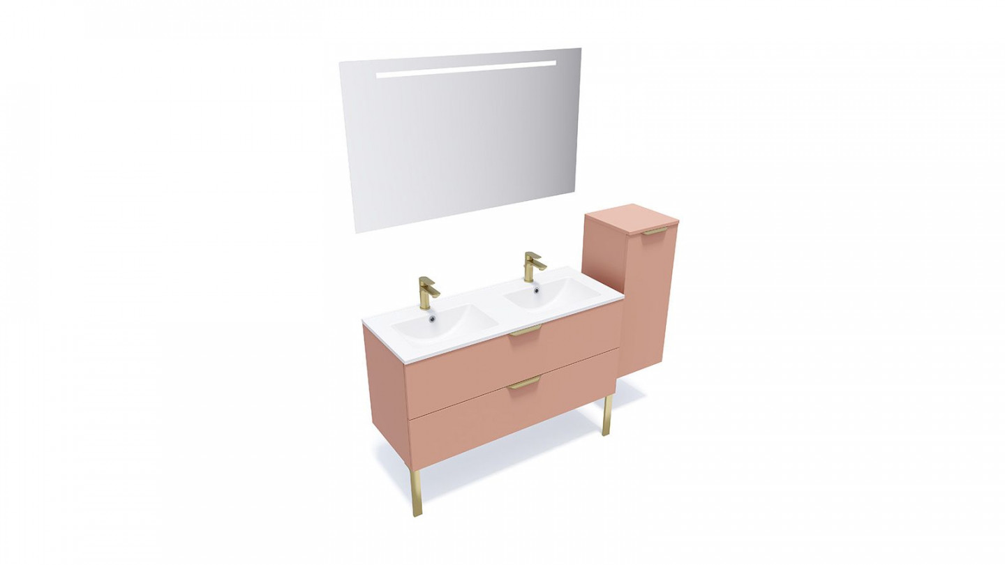 Meuble de salle de bain suspendu double vasque intégrée 120cm 2 tiroirs Abricot + miroir + colonne ouverture droite - Swing