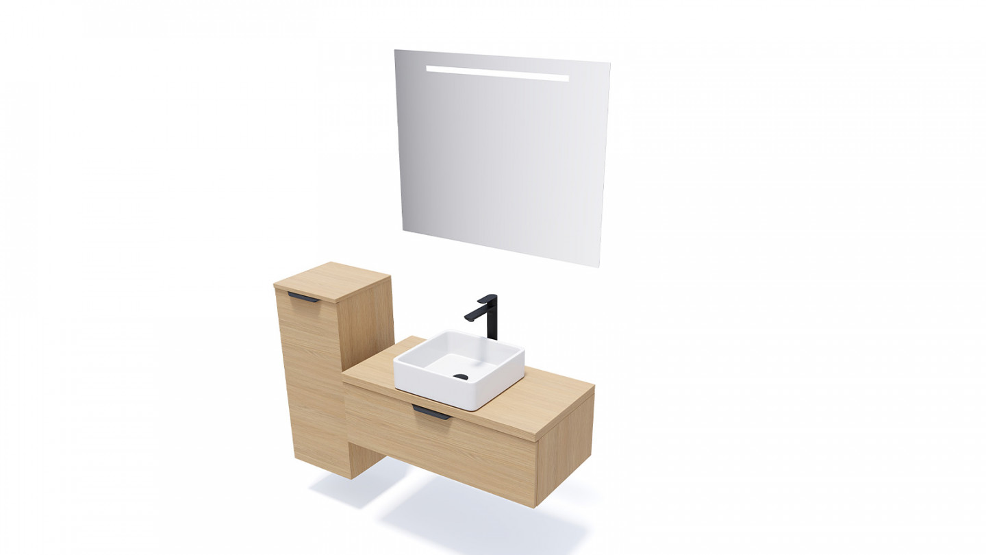 Meuble de salle de bain suspendu vasque à poser 90cm 1 tiroir Chêne clair + miroir - Swing