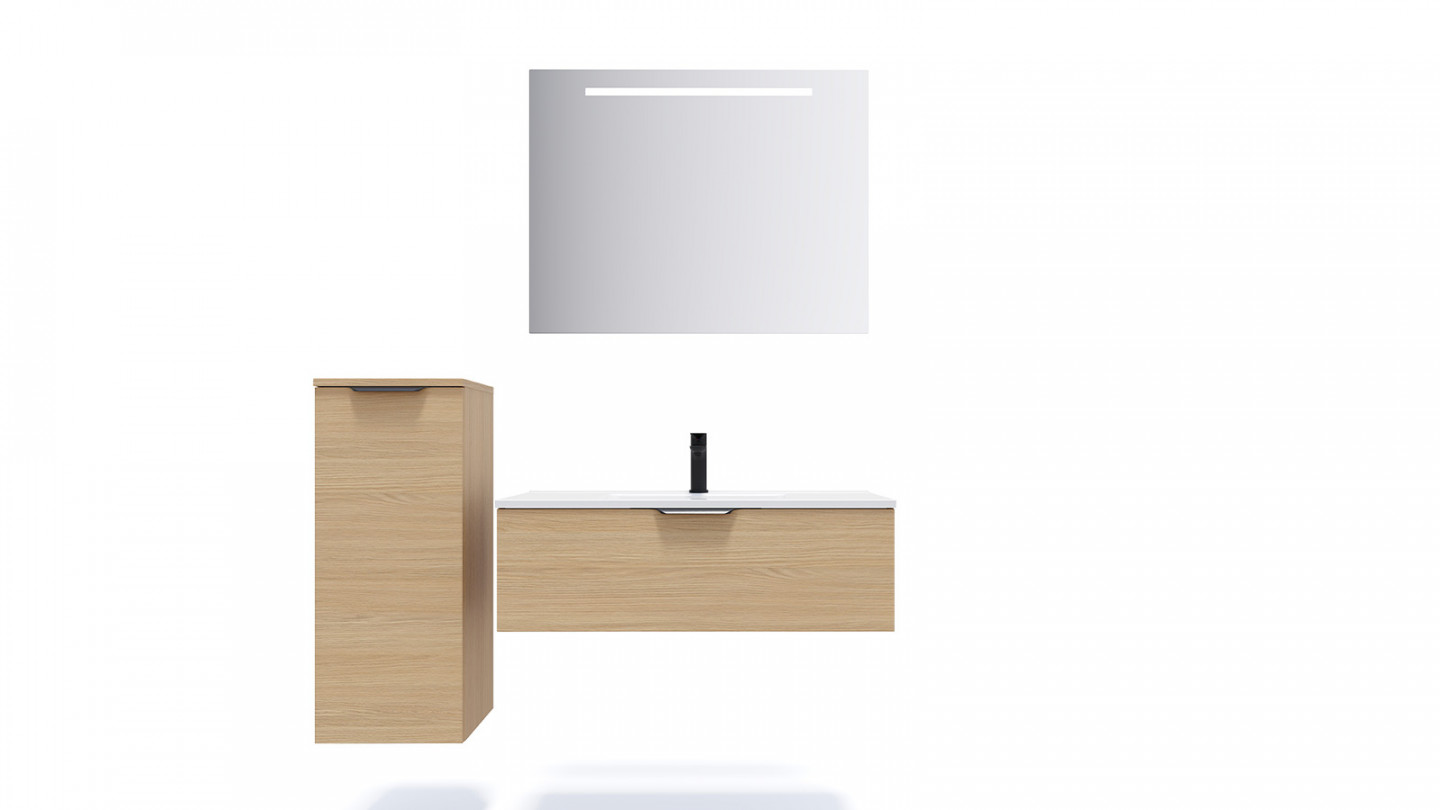 Meuble de salle de bain suspendu vasque intégrée 90cm 1 tiroir Chêne clair + miroir - Swing