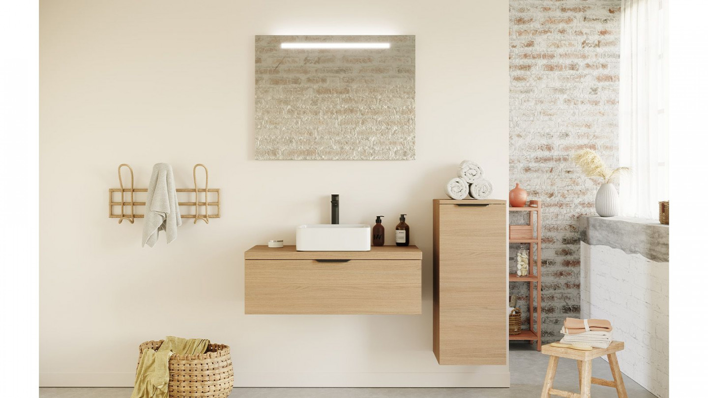Meuble de salle de bain suspendu vasque à poser 90cm 1 tiroir Chêne clair + miroir + colonne ouverture droite - Swing